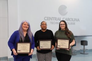 Group photo of Central Carolina Technical College’s SCTEA award recipients Dr. Jessica Lea, Rebecca Sears and Taylor DuBose at the annual conference in Myrtle Beach.
